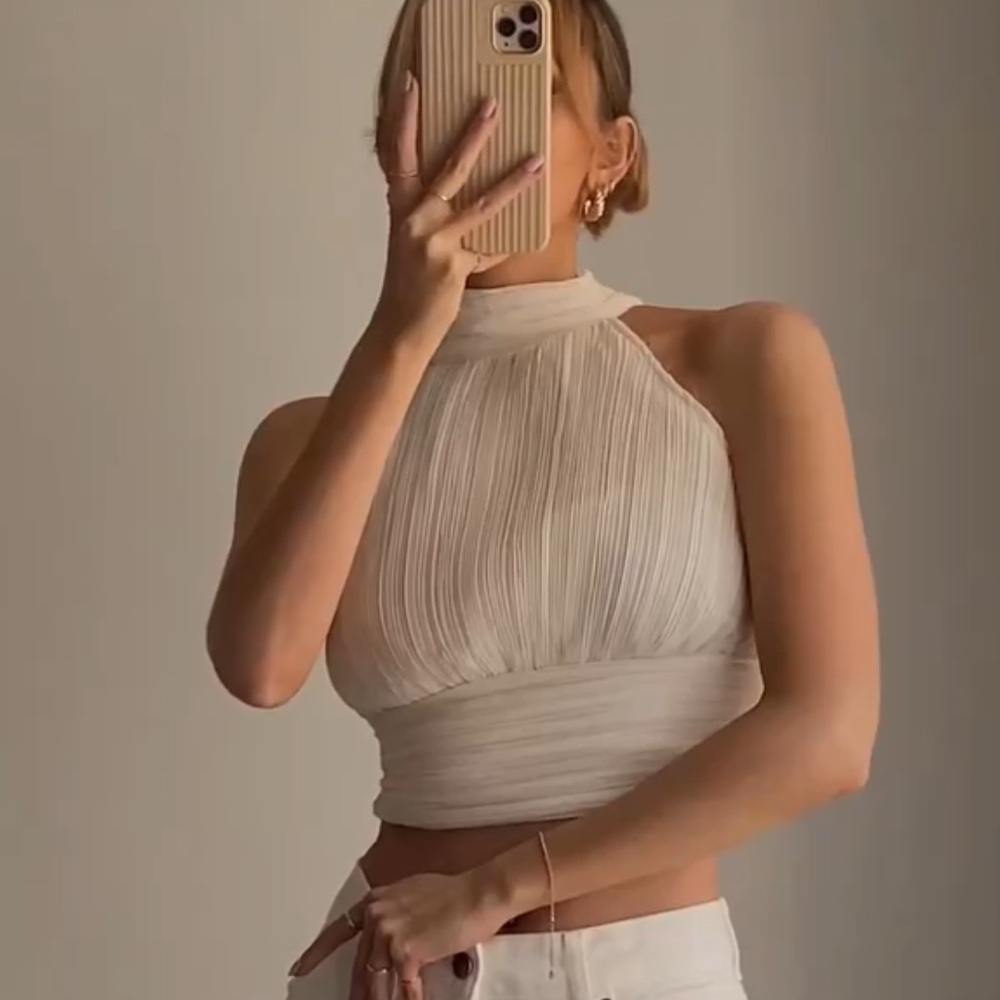 Zara NWT Sleeveless High-Neck Ruched Crop Top in Cream